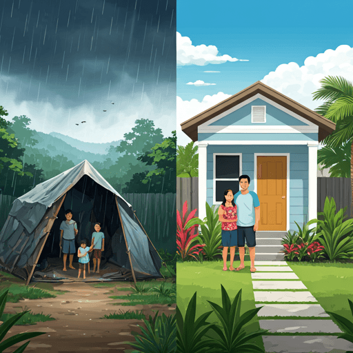 A Filipino family smiling in front of their newly rebuilt home painted in light blue